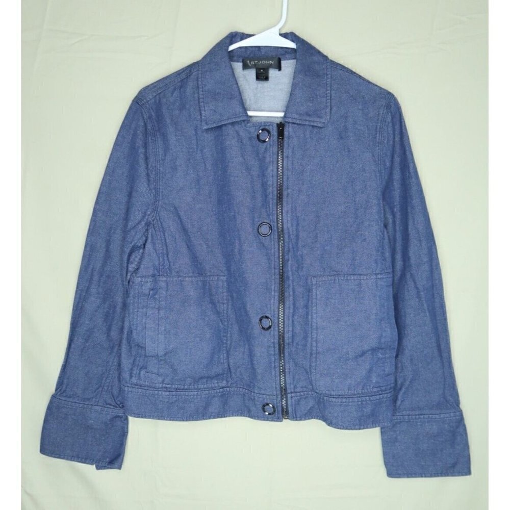 St. John Denim Jean Jacket Blazer Blue Zipper Big Buttons Cotton Flax Women's 12